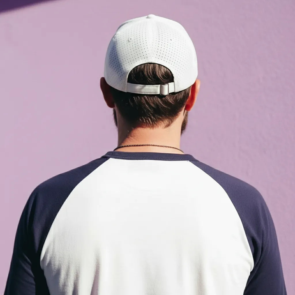 Person wearing a white cap and a two-tone shirt against a purple background