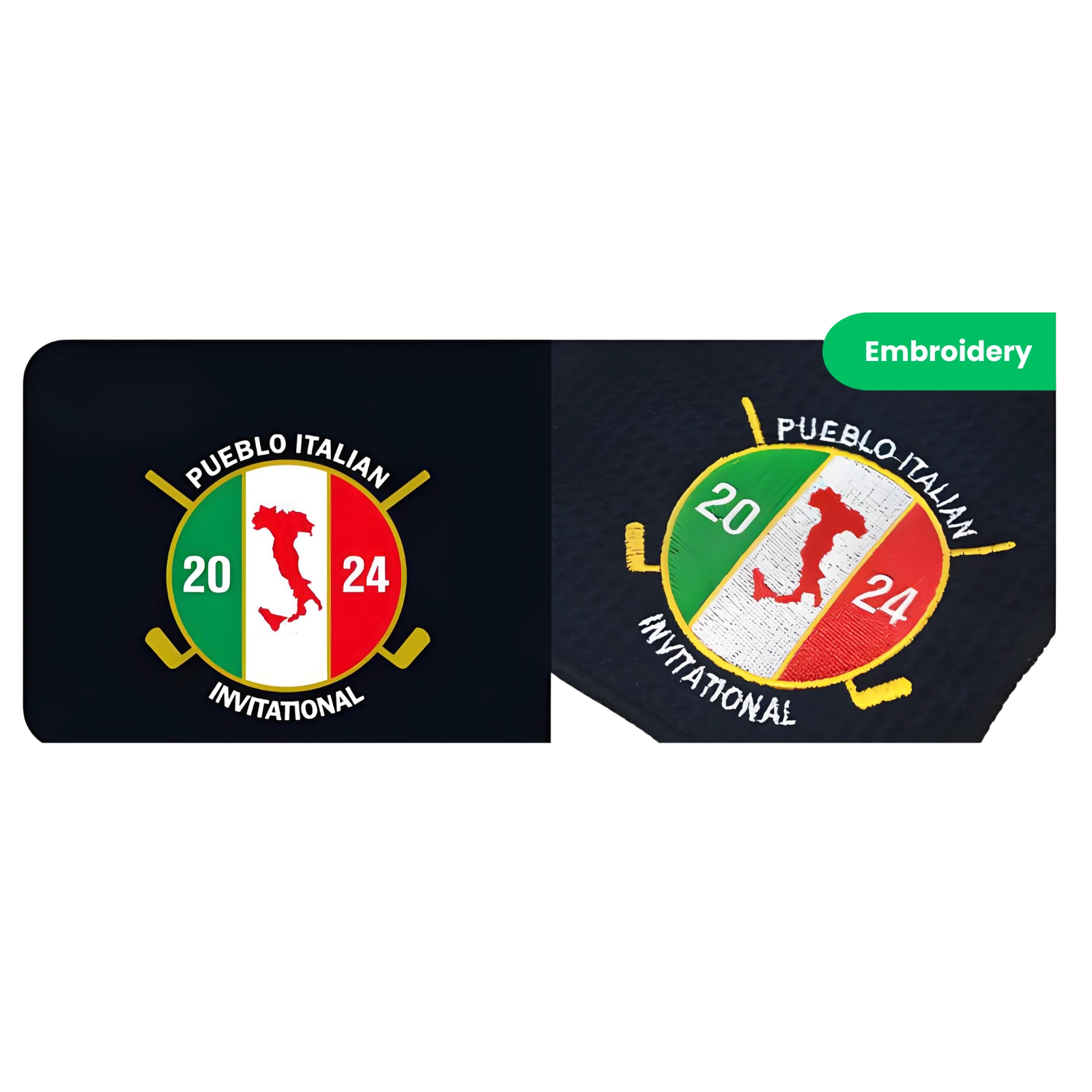 Two black patches with embroidered design of Pueblo Italian Invitational 2024 on a white background.