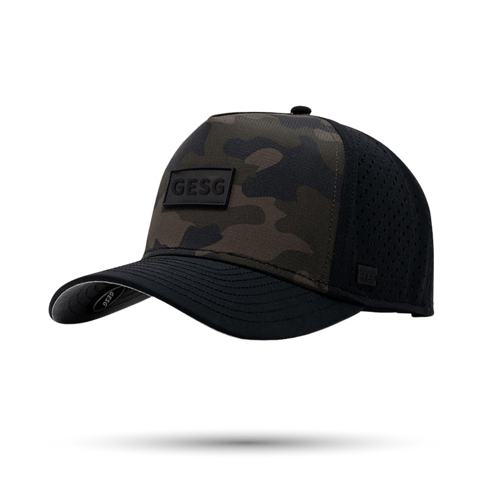 Camouflage baseball cap with a black logo on a white background