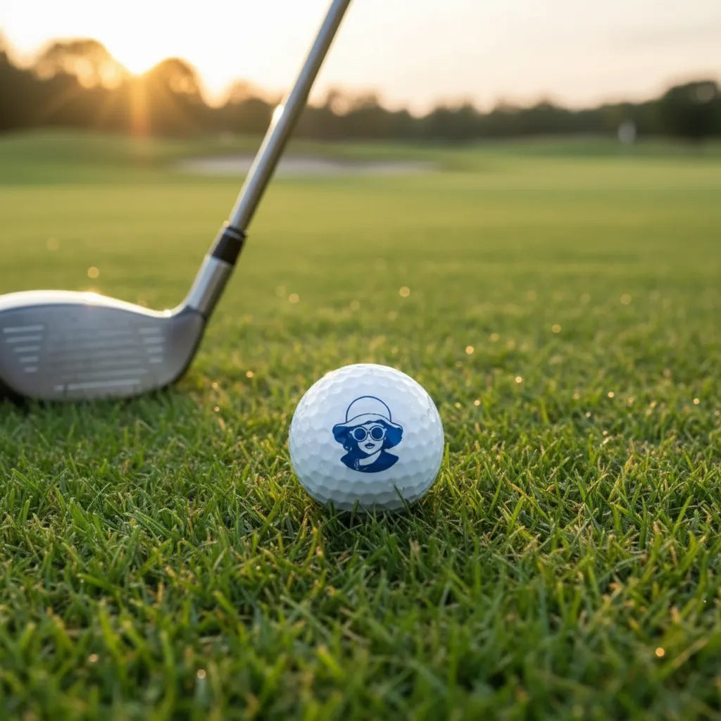 Double-ended golf stamp with custom face portrait on Side A and alignment aid on Side B.