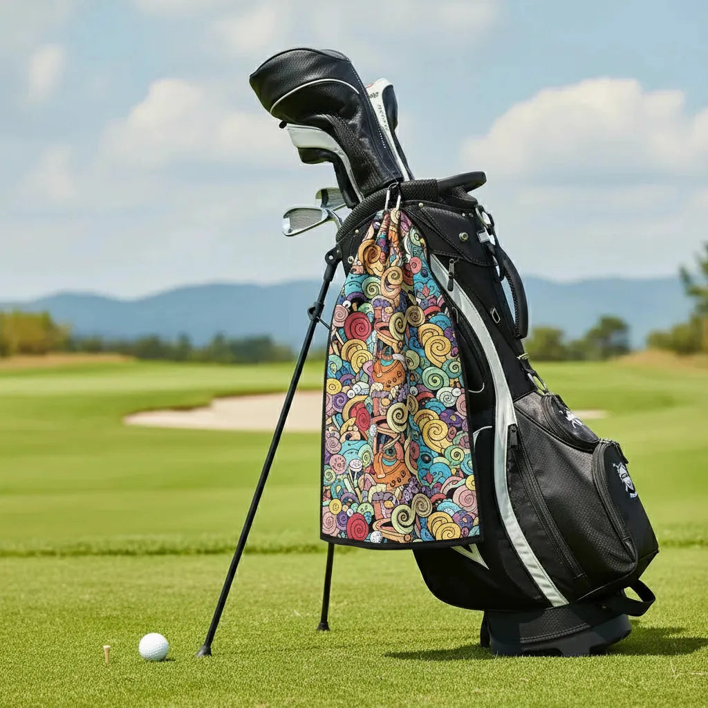 Golf bag with colorful towel and golf club on a golf course
