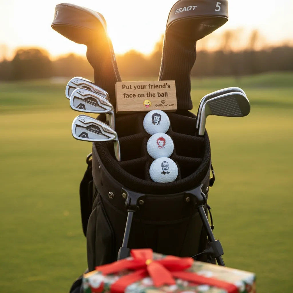 Examples of funny custom face stamps on golf balls. Personalized photo markers for unique identification.