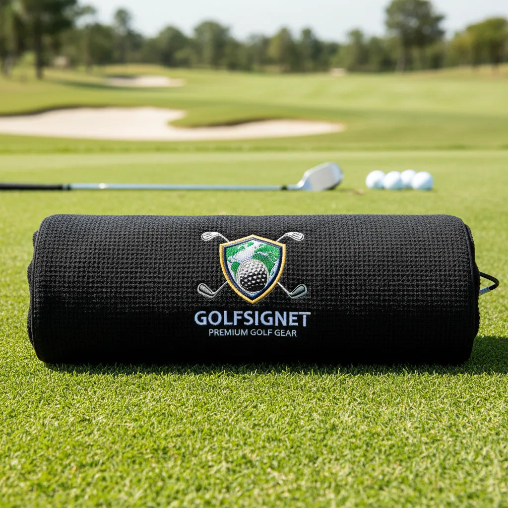 Black golf towel with GOLFSIGNET logo on a golf course