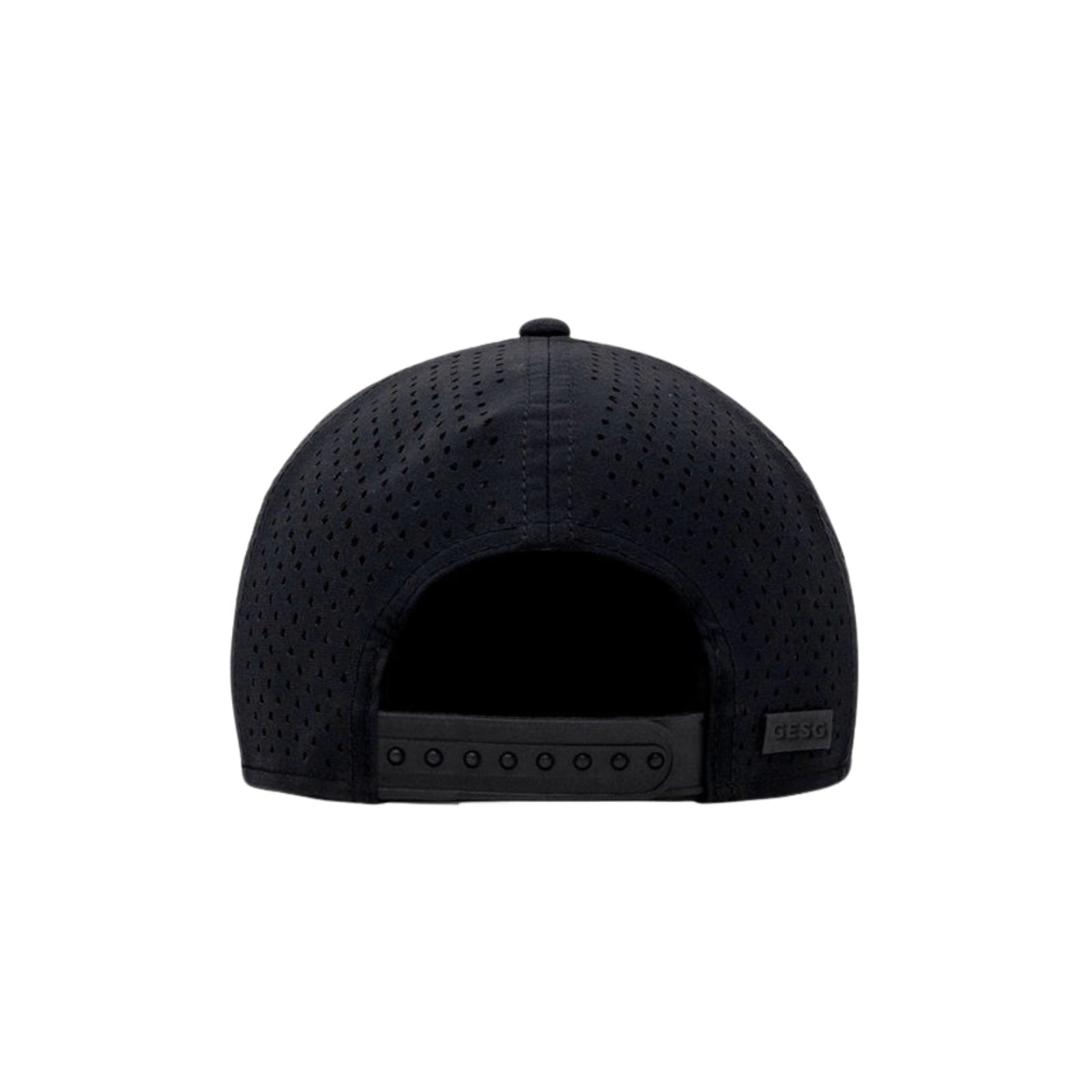 Black cap with a brand logo on the back against a white background