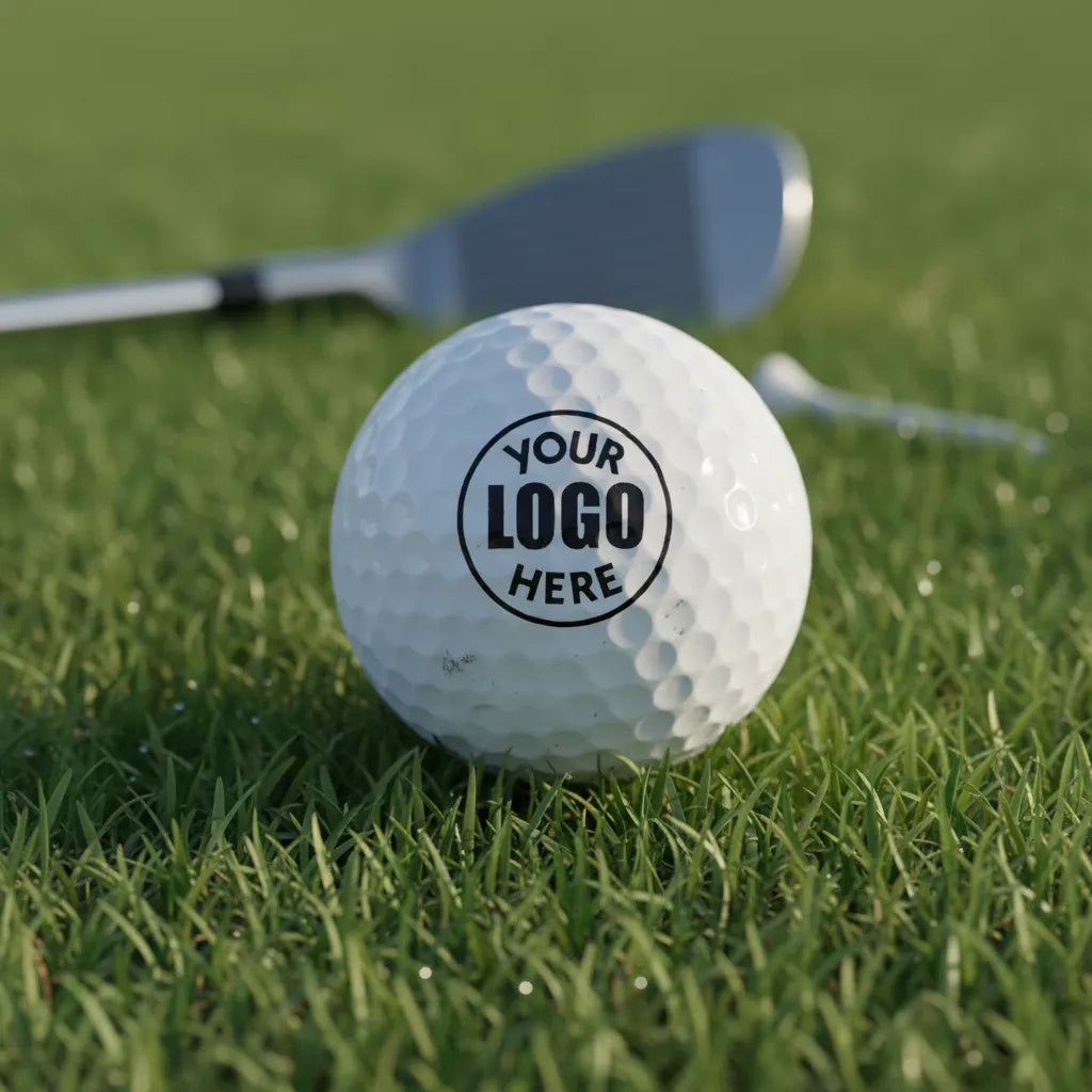Golf ball with 'Your Logo Here' text on grass with golf club in background