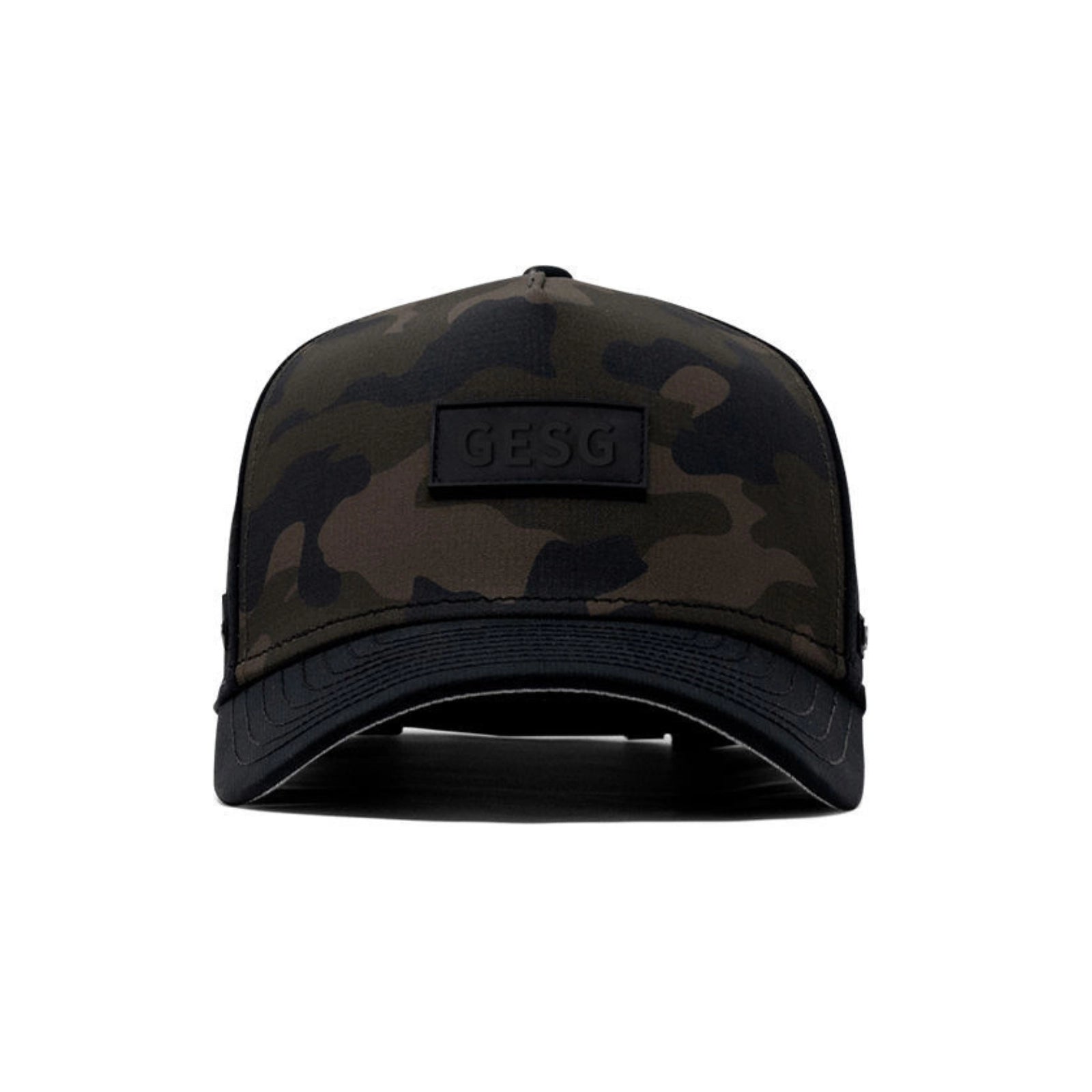 Camouflage baseball cap with a logo patch on a white background