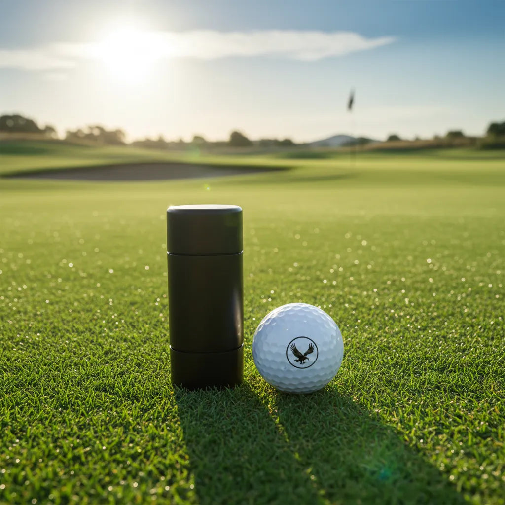 Waterproof golf ball stamp ink test. Custom logo stays sharp in water and wet grass. Durable oil-based ink.