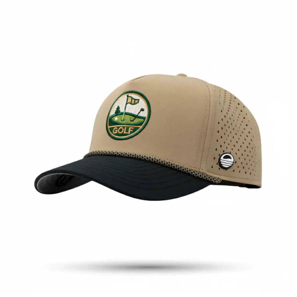 Beige and black cap with a golf-themed logo on a white background