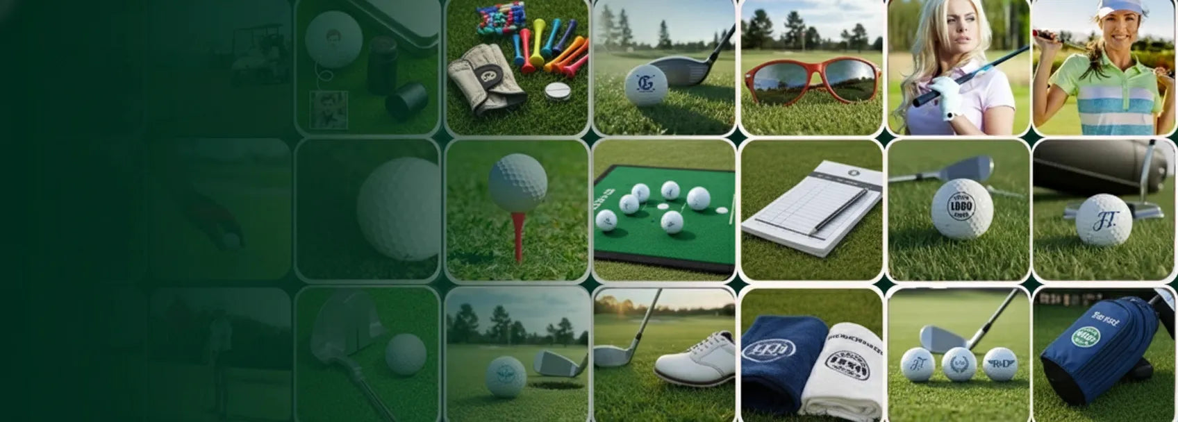 Collage of golf-related items including balls, clubs, and accessories on a green background.