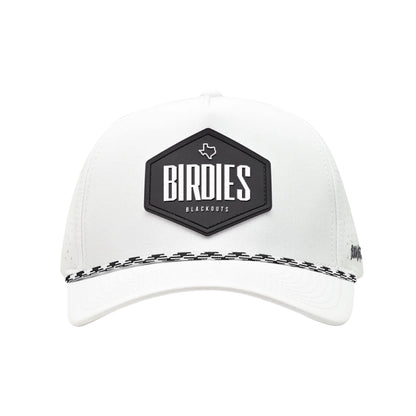White cap with black hexagonal logo and 'Birdies' branding on a white background