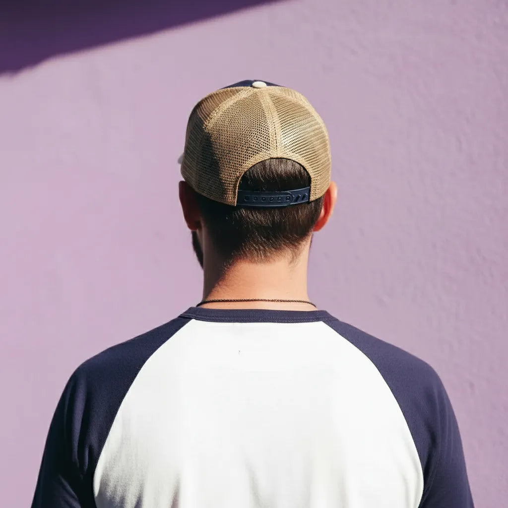 Person wearing a beige and navy cap and a two-tone shirt against a purple wall