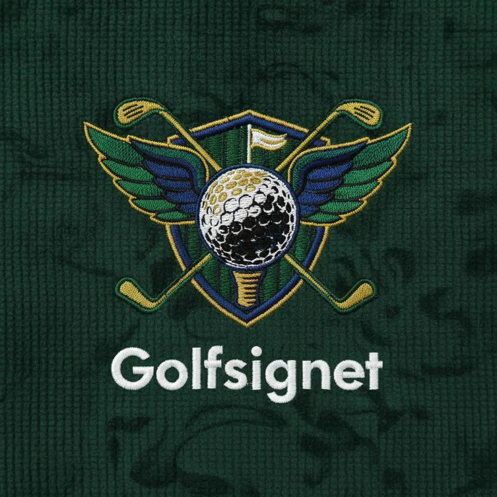Embroidered golf logo on a green fabric background with 'Golfsignet' text.