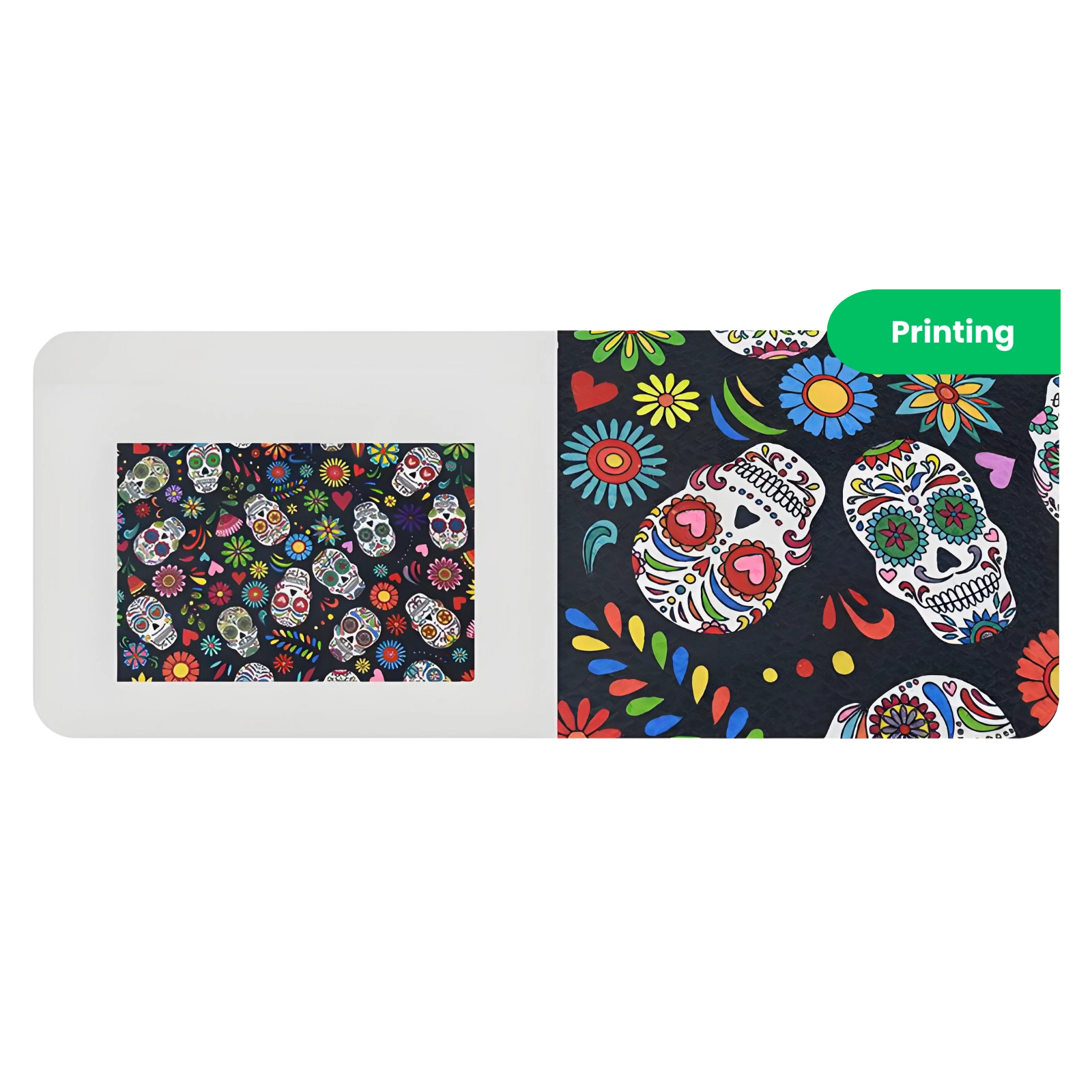 Colorful sugar skull pattern on a white background with 'Printing' text.