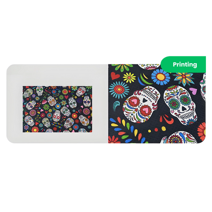 Colorful sugar skull pattern on a white background with 'Printing' text.