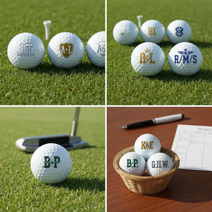 Golf balls with personalized initials on a grassy background, in a basket, and on a table.
