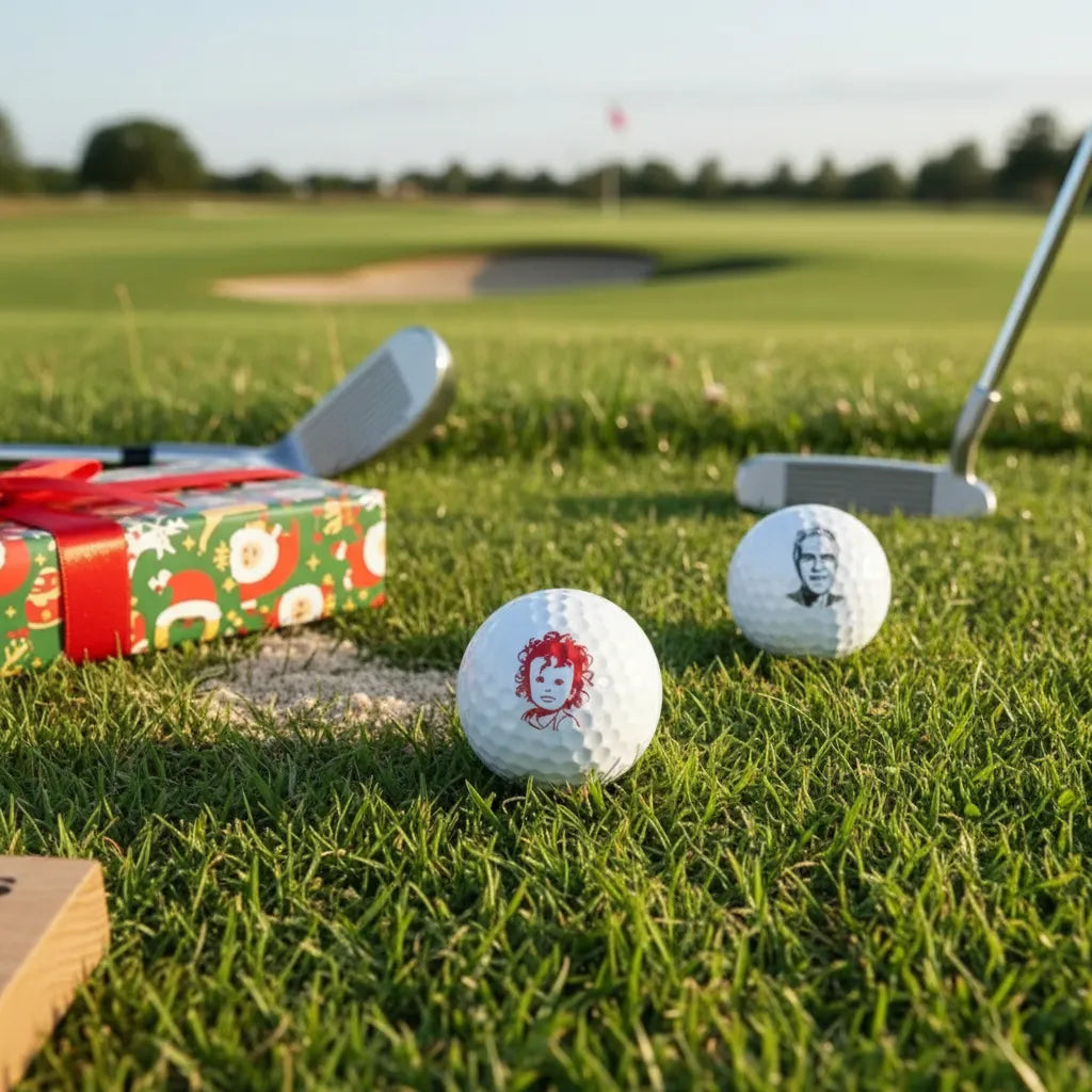 Funny bachelor party golf gift. Groom's face stamped on multiple golf balls. Personalized gag gift for golfers.