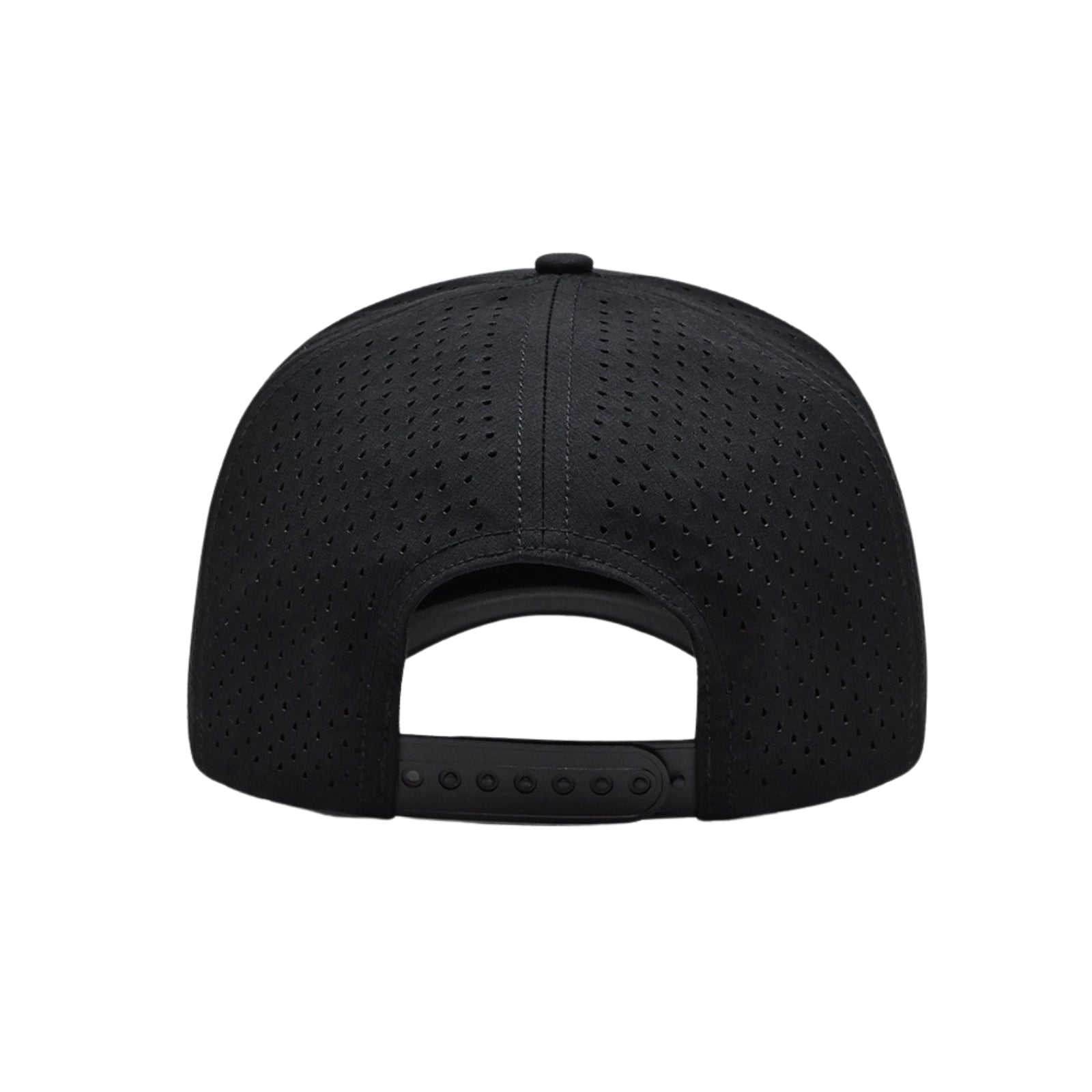 Black baseball cap with perforated design on a white background