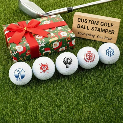 Examples of custom corporate logos stamped on golf balls. Waterproof ink branding for company golf tournaments.