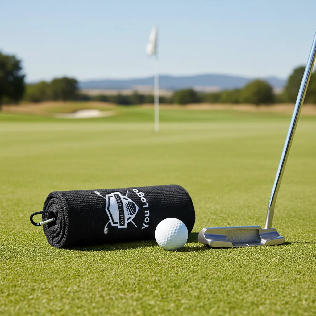 Golf towel, golf ball, and putter on a green golf course with a flag in the background.