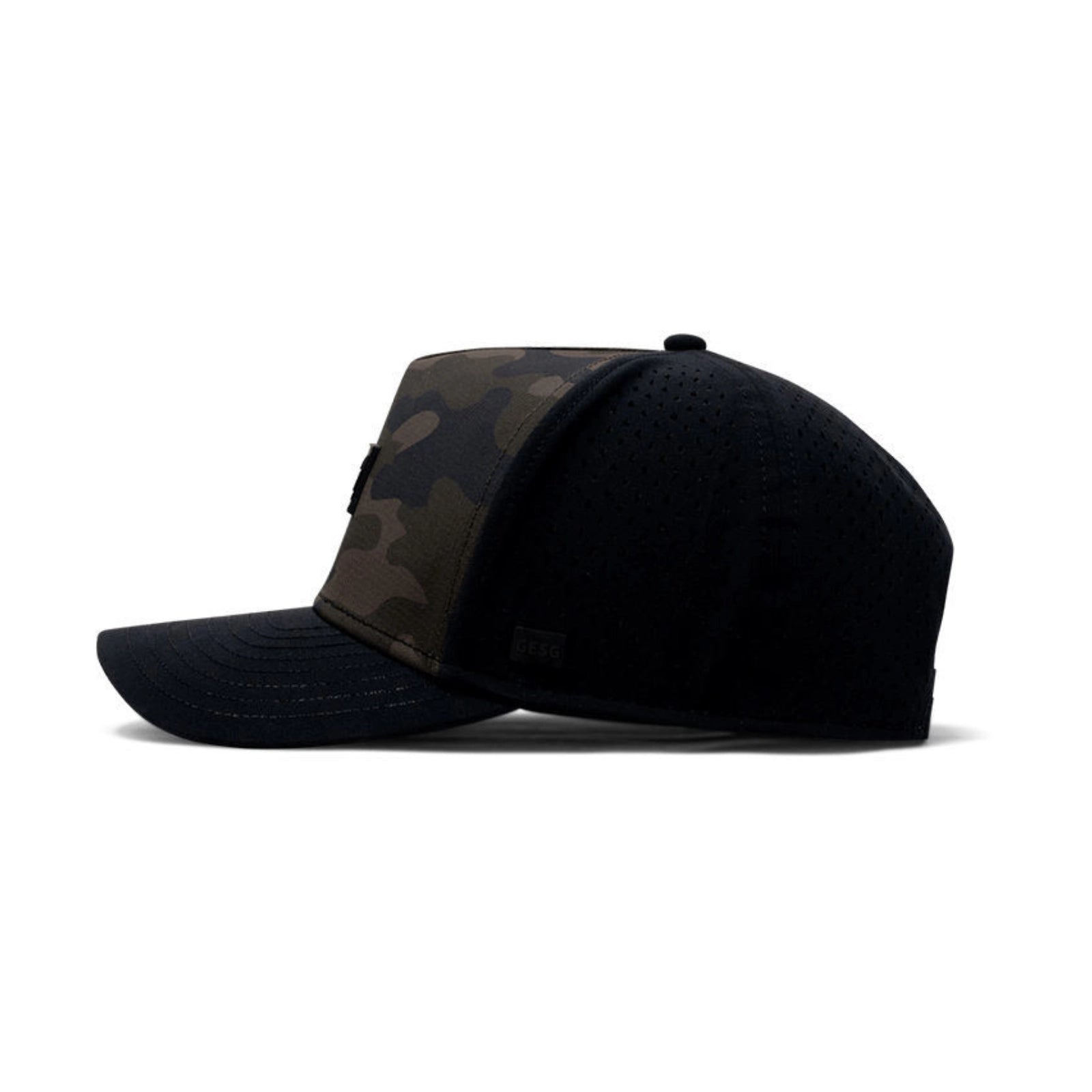 Custom leather patch on camo golf hat. Rugged tactical style with laser engraved logo.