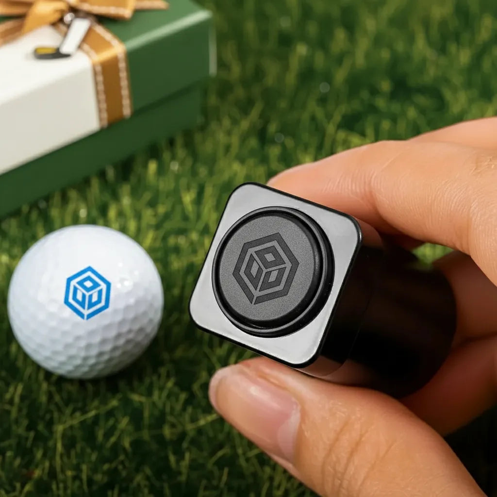 Custom logo golf ball stamp marking a corporate logo on a golf ball. Double-ended personalized alignment tool.