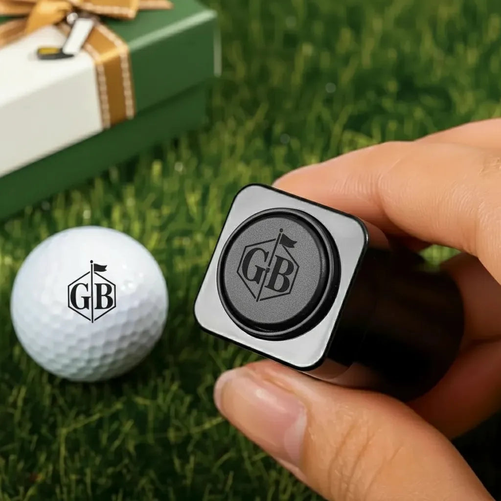 Custom monogram golf ball stamp marking initials on a ball. Personalized double-ended golf marker tool.
