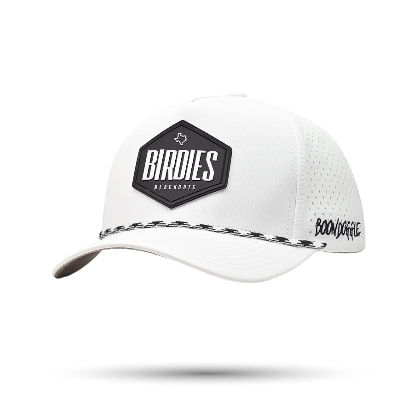 Custom white golf rope hat with green embroidery. Vintage style snapback with braided rope detail.