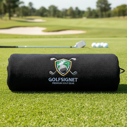Black golf towel with GOLFSIGNET logo on a golf course
