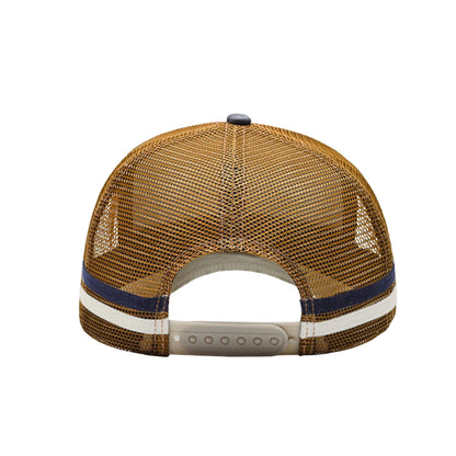 Brown mesh cap with a blue and white stripe on a white background